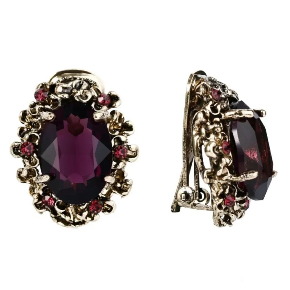 Antique Yellow Gold with Purple Amethyst Austrian Crystal Cameo Clip On Earrings